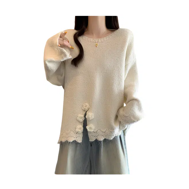 荟萃阁 别致小心机露背蝴蝶结大码开叉立体花朵针织衫 女款