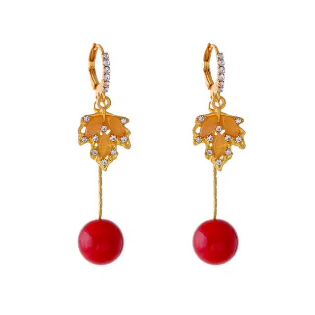 澜耀 优雅枫叶红色珠珠耳饰 小众设计轻奢高级感时尚高端 合金 耳环 女款