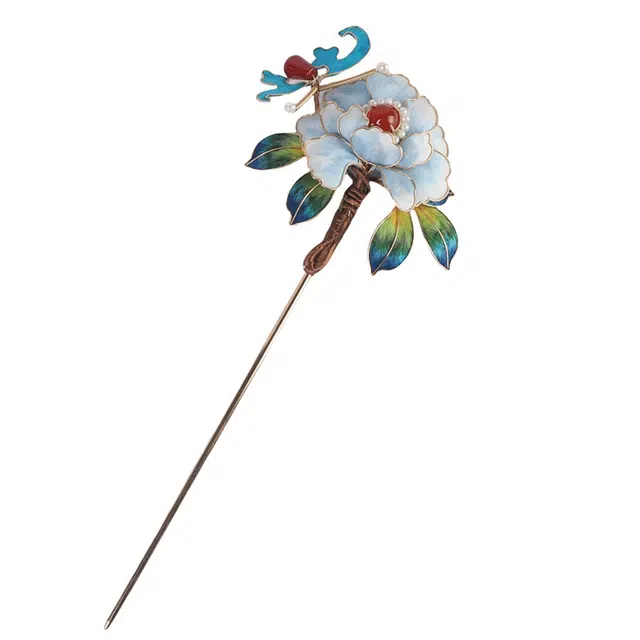 聆听花开 非遗绒花盘发汉服旗袍古装清冷感国风小众设计发钗配饰品复古新中式个性优雅精致古典高贵细腻高品质 合金 霜蓝梅影发簪 女款