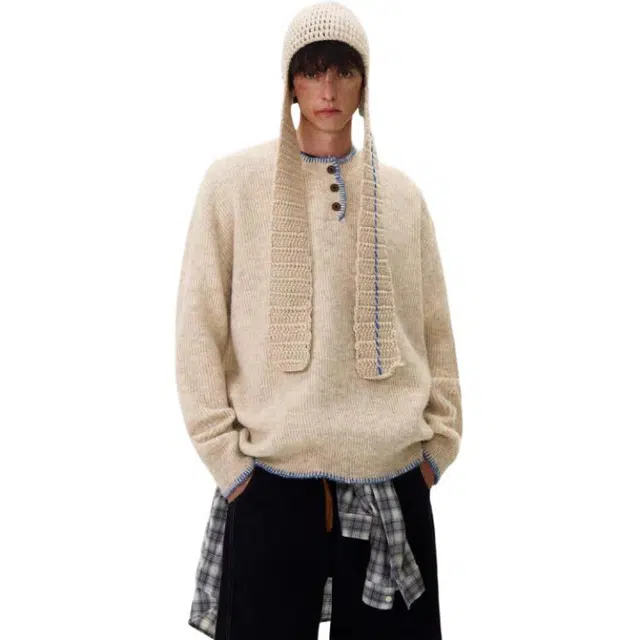 冈哉 复古秋冬季韩版绵羊毛纯色亨利领宽松休闲百搭长袖叠穿潮搭垂感氛围感少年感柔软舒适打底内搭外穿针织衫  男女同款