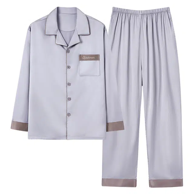俏佳人 丝滑冰丝高级感翻领开衫纯色简约休闲亲肤舒适透气长袖长裤家居服睡衣套装 男款
