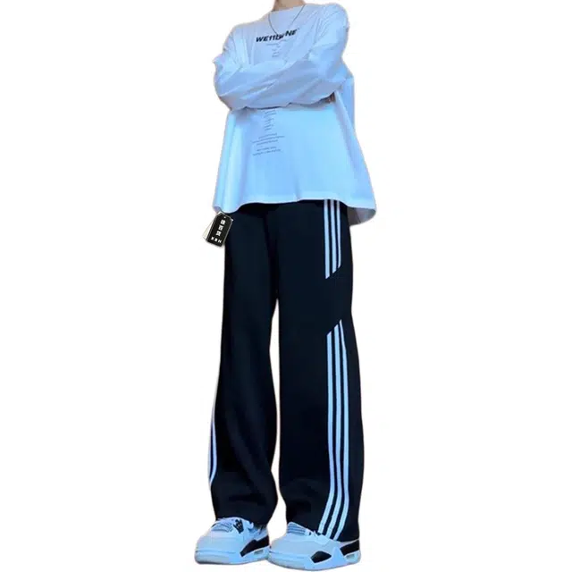 徐百货 美式运动卫裤春夏秋季青少年帅气条纹直筒裤子宽松阔腿百搭长裤休闲裤 男女同款