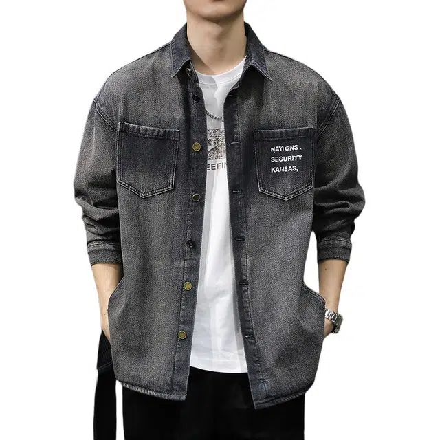前进牛 美式复古潮牌渐变水洗外穿长袖衬衫男高级感痞帅翻领工装休闲衬衣夹克男牛仔外套 男款