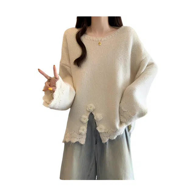 荟萃阁 别致小心机露背蝴蝶结大码开叉立体花朵针织衫 女款