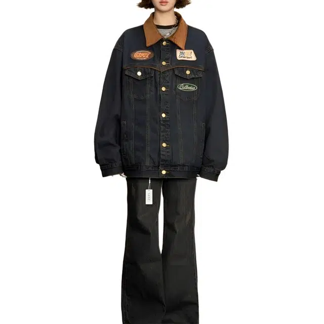 丝絮丝绸 秋冬季美式复古翻领时尚宽松百搭潮牌夹克牛仔外套 女款