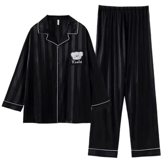 顶瓜瓜 翻领条纹卡通小熊简约风休闲舒适家居服睡衣套装 男款