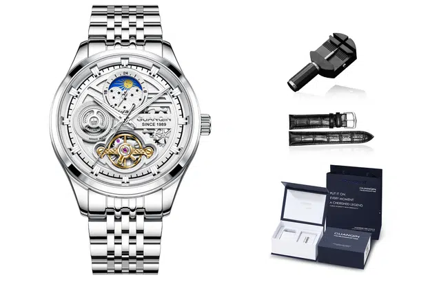 冠琴 揽星者系列 国潮原创雕花镂空飞轮男士手表 自动机械机芯 精钢表带 国表 男表 银色表盘 夜光防水精美礼盒