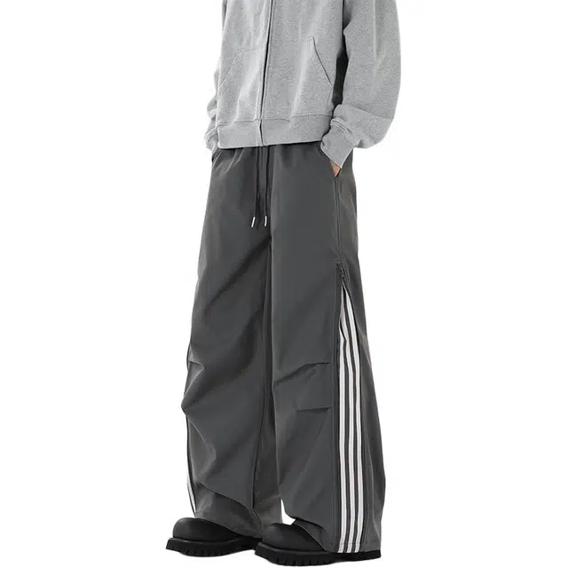 左岸 侧拉链阔腿裤男士春秋季条纹直筒裤拼接宽松伞兵裤微弯刀休闲裤 男款