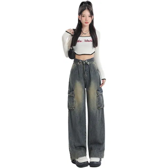 邓大喵 美式翻边直筒女春季美拉德复古工装裤阔腿裤长裤牛仔裤 女款