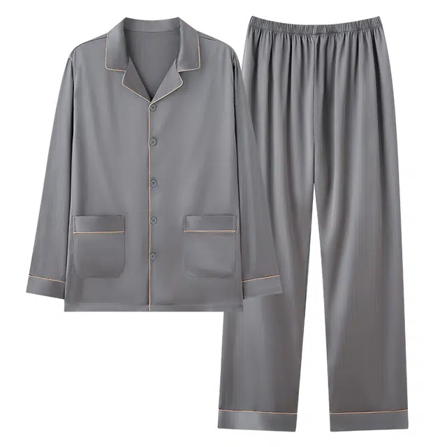 俏佳人 丝滑冰丝高级感翻领开衫纯色休闲简约亲肤舒适透气长袖长裤家居服睡衣套装 男款
