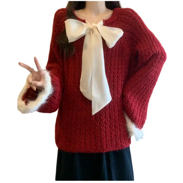 荟萃阁 高级感毛毛袖口时尚减龄蝴蝶结宽松大码韩版针织衫 女款