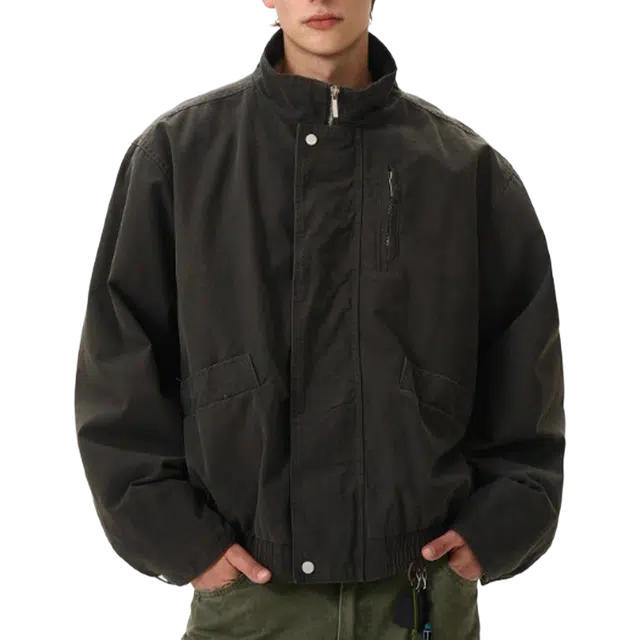 一碗士多 美式复古小众百搭纯色简约个性痞帅时尚宽松舒适拉链设计通勤活动日常户外登山骑车经典款立领夹克 男女同款