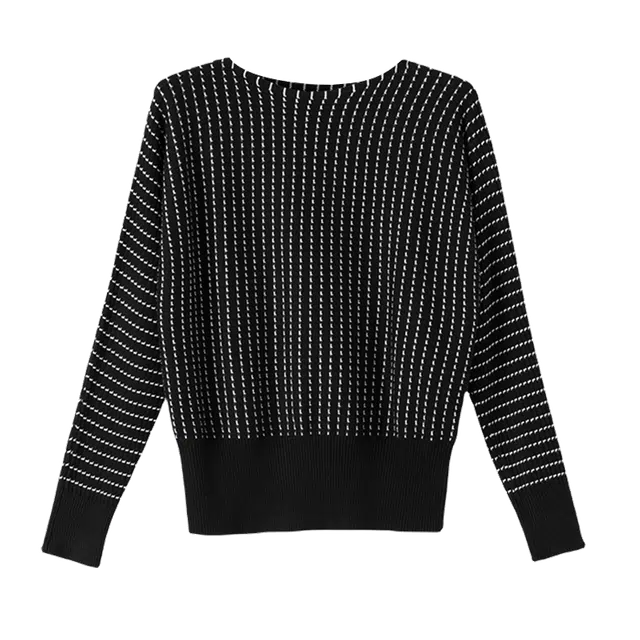 晚白 竖条纹气质遮肚上衣宽松落肩袖时髦针织衫 女款