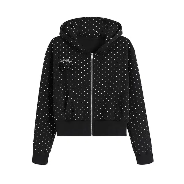 柏黛妃 美式复古波点满印连帽短外套秋季男女宽松休闲百搭时髦卫衣 女款