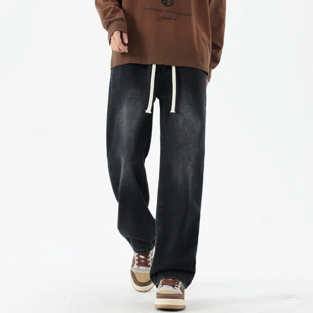 巴塞罗那足球俱乐部 美式复古潮牌高街宽松阔腿长裤 潮流百搭舒适透气垂感直筒休闲牛仔裤 男女同款