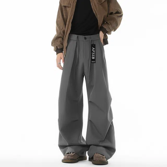 艾梵斯贝 美式复古潮流褶皱边西装裤老钱风慵懒感简约设计款无性别日常通勤百搭宽松舒适垂感时尚高街风高级感休闲裤 男女同款