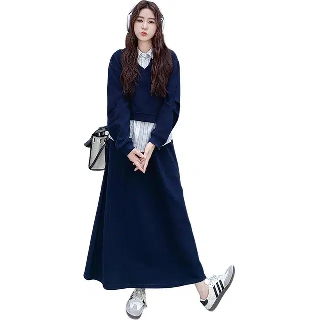 袋鼠 百搭女温柔舒适透气显瘦显高亲肤柔软长袖两件裙装套装 女款