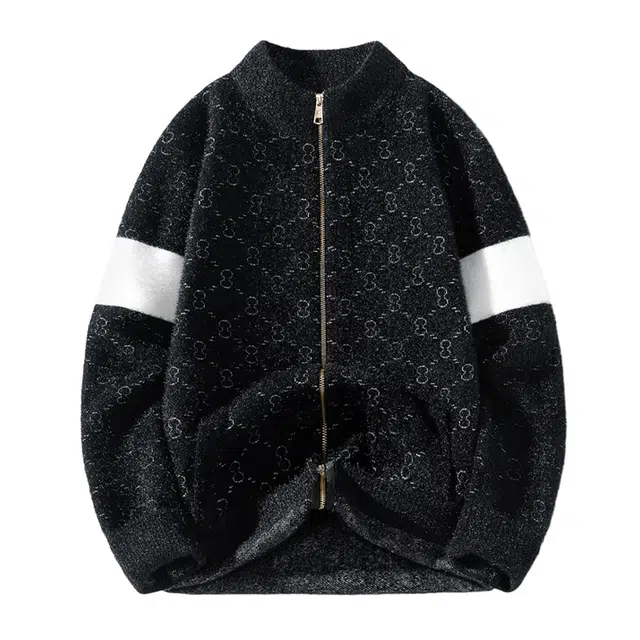 快鱼 美式复古高街潮流防貂毛纯色满印立领高级感设计宽松时尚百搭休闲打底衫毛衣 男女同款