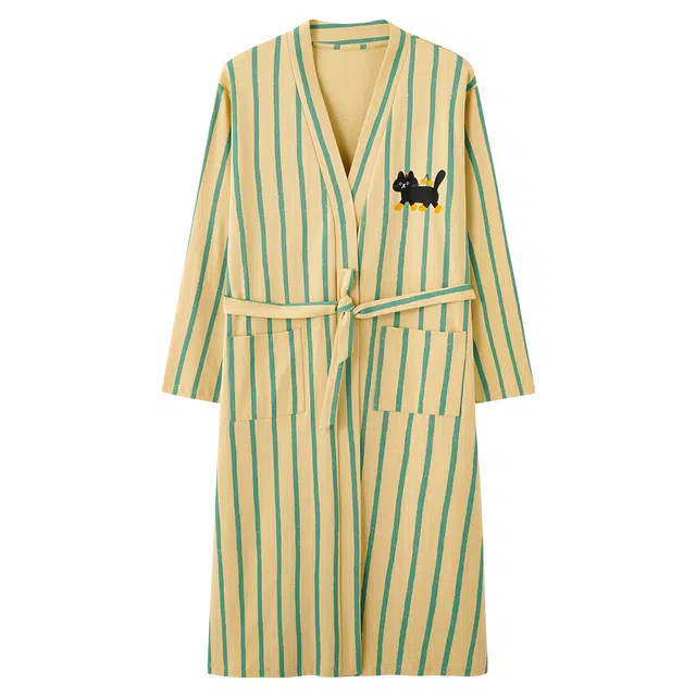 俏霓桐 可爱卡通小猫纯棉亲肤简约条纹休闲甜美舒适浴袍大口袋长袖家居服可外穿睡袍 女款