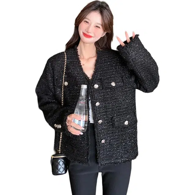 稻草人 优雅小香风毛边短款长袖淑女秋冬截短外套 女款