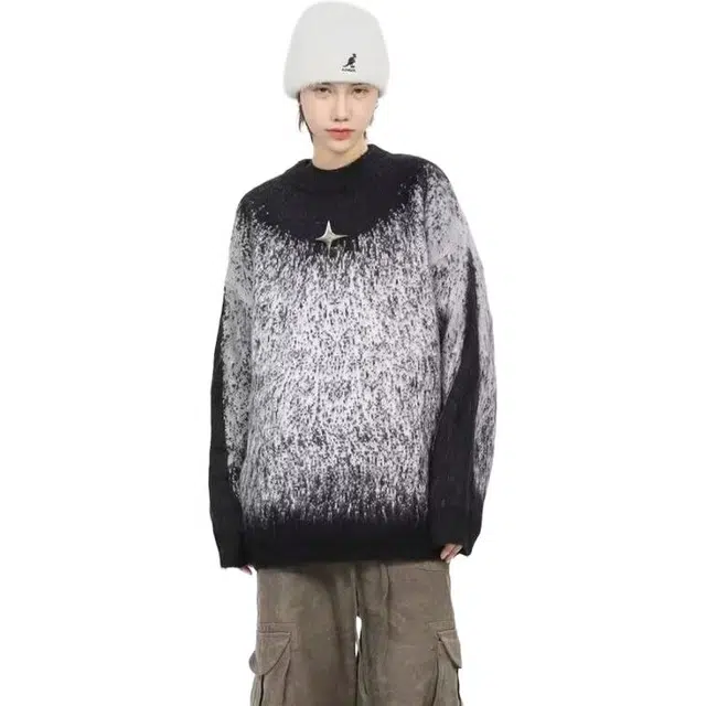 洞洞拐 美式复古渐变套头毛衣男情侣装慵懒风毛绒针织衫 男女同款