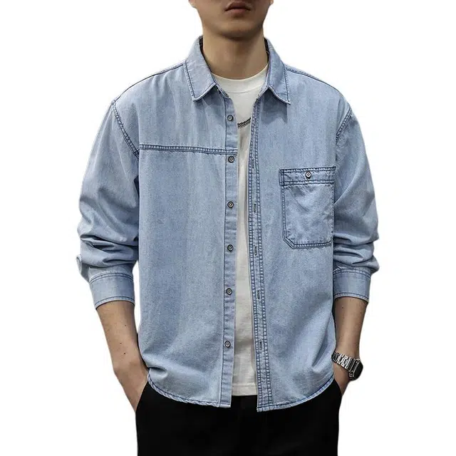 前进牛 秋季美式休闲经典复古潮牌通勤风长袖衬衣流运动学院风雅痞设计感宽松痞帅工装衬衫牛仔外套 男款