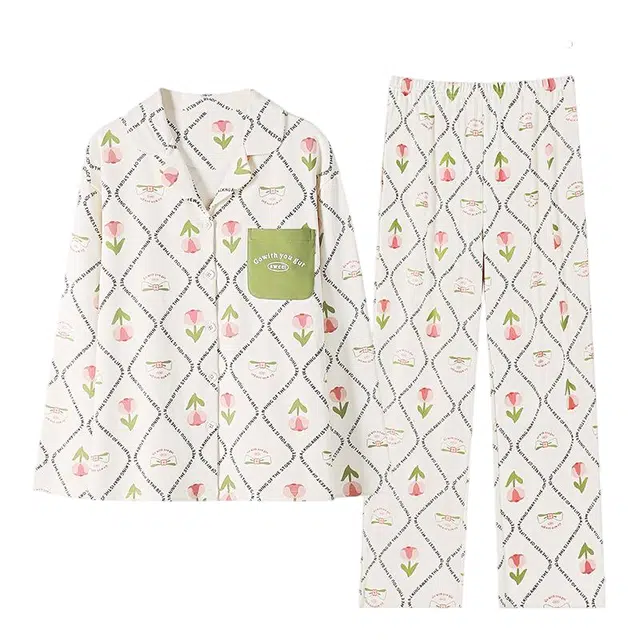 潞优野 高端品质春秋款纯棉简约舒适长袖秋季中年妈妈薄款大码秋冬家居服睡衣套装 女款