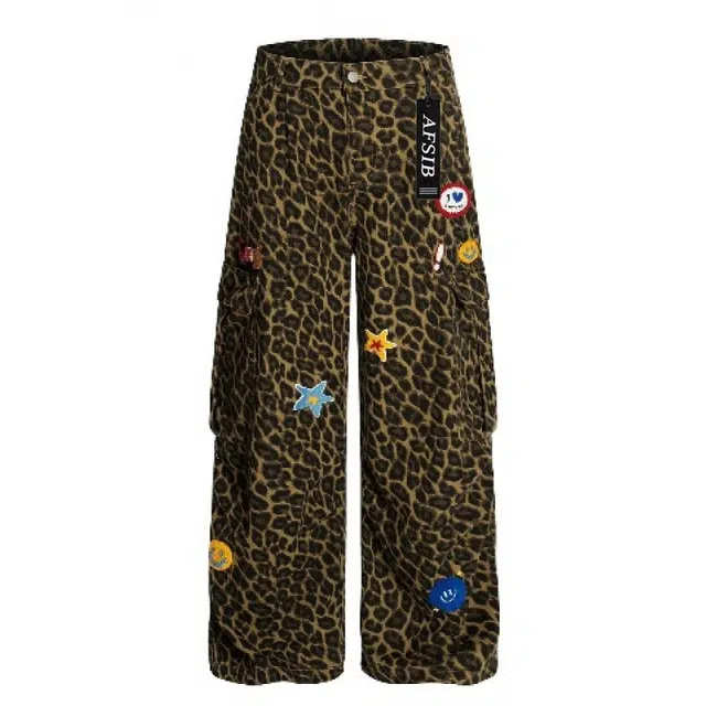 艾梵斯贝 美式复古潮流豹纹卡通图标贴布刺绣小众设计款无性别日常通勤百搭高级感潮酷宽松休闲时尚高街风阔腿牛仔裤 男女同款