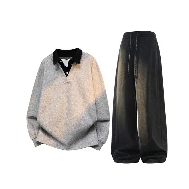 梓润格 夏季休闲百搭时尚配色假两件长袖秋季灯芯绒长裤氛围舒适高级学院风设计炸街无性别主义美式复古卫裤直筒裤卫衣套装 男女同款