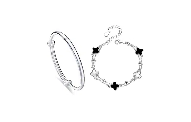 尚银福 浪漫四叶草 日韩精致甜美优雅气质小香风 时尚叠戴 森系小清新温柔少女心公主风轻奢文艺百搭 合金 手镯 女款