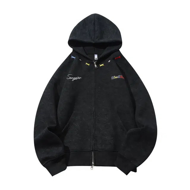 颂希尔 美式高街学院风字母刺绣开衫春秋宽松设计感小众连帽情侣外套卫衣 男女同款