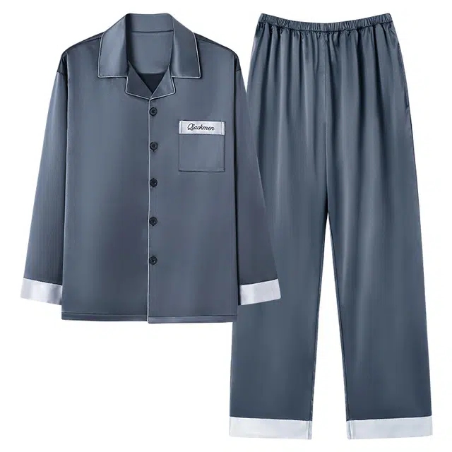 俏佳人 丝滑冰丝高级感翻领开衫纯色简约休闲亲肤透气舒适家居服长袖长裤睡衣套装 男款