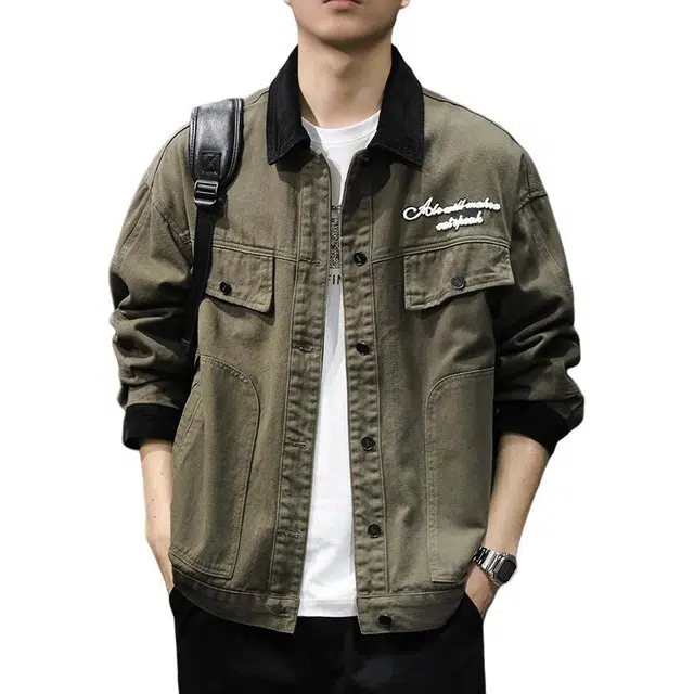前进牛 秋季美式休闲复古潮牌军事风痞帅撞色翻领外穿衬衣潮流百搭水洗宽松休闲上衣牛仔外套 男款