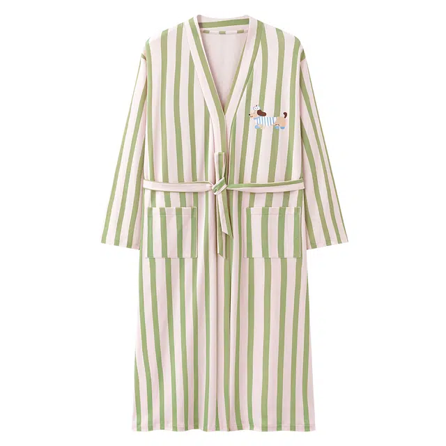俏霓桐 可爱卡通腊肠狗纯棉亲肤甜美简约休闲条纹大口袋浴袍舒适长袖家居服可外穿睡袍 女款