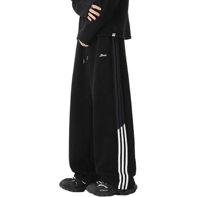 引创 撞色拼接条纹裤子男秋季潮牌青少年慵懒风宽松阔腿加长裤休闲裤 男女同款