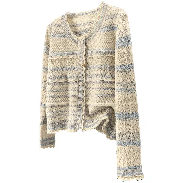 她池 文艺风圆领单排扣撞色短款拼接甜美风长袖针织衫 女款 杏蓝夹条