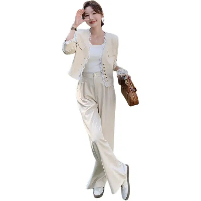 袋鼠 小香风蕾丝花边上衣外套设计感阔腿裤两件套穿搭休闲套装 女款