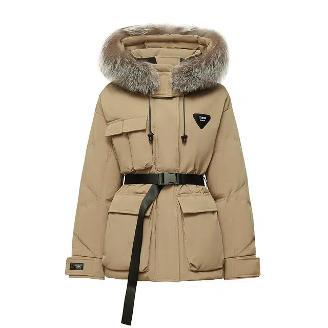 鸭鸭 纯色连帽中长款直筒休闲长袖羽绒服 女款 卡其色