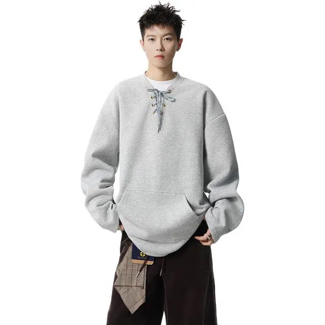 冈哉 美式设计感春秋款宽松纯色棒球领绑带套头基础款简约上衣松弛慵懒感个性学院风青春流行减龄日常通勤长袖卫衣 男女同款