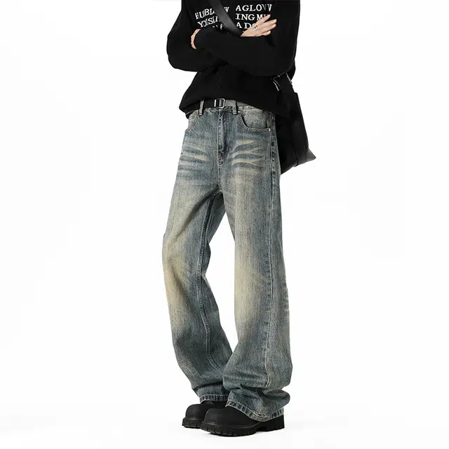金贝勒 美式复古水洗纯色百搭显高显瘦垂感长裤牛仔裤 男女同款