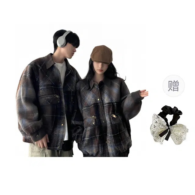 涂诗菲 美式复古拼色格子外套宽松百搭潮流个性休闲设计感夹克情侣套装