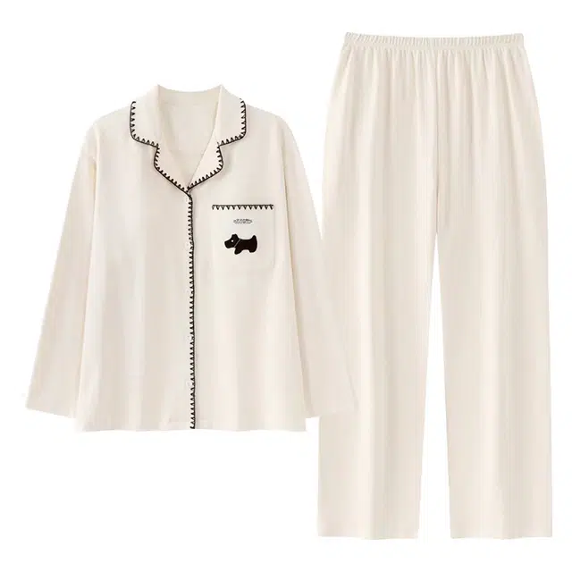 俏韵 翻领春秋季简约风长袖长裤休闲甜美可爱薄款舒适家居服可外穿 睡衣套装 女款