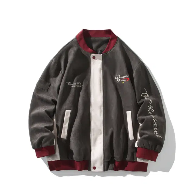 艾梵斯贝 美式复古潮流字母绣花拼接立领棒球服潮酷无性别日常通勤百搭高级感宽松休闲时尚高街风情侣款夹克 男女同款