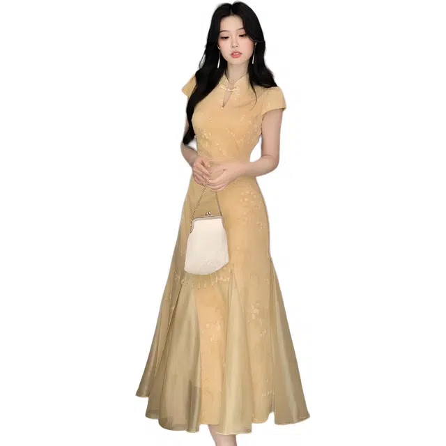 敲模女孩 新中式国风清冷艺术感温婉复古改良立领旗袍插片式鱼尾短袖连衣裙 女款