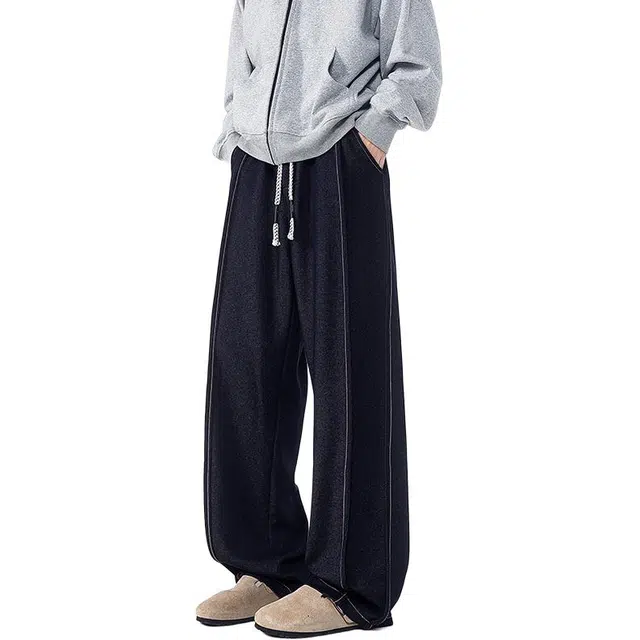 左岸 春秋季青少年港风潮流时尚宽松加肥加大码字母绣花仿牛仔长裤舒适垂感显高显瘦直筒阔腿裤休闲裤 男款