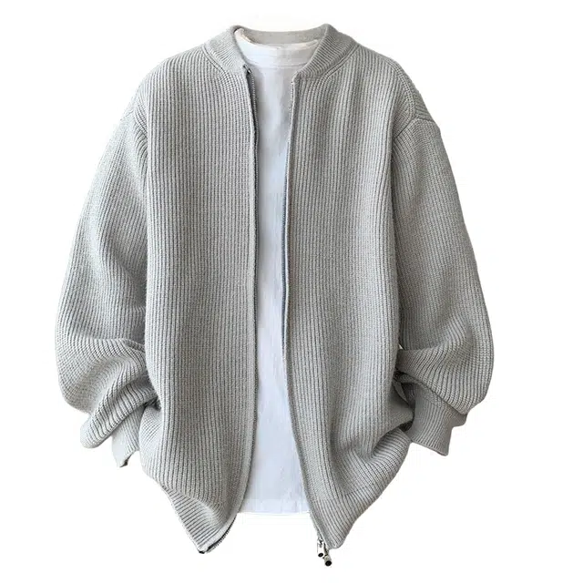 半空山 纯色简约基础款双拉链开衫外套柔软舒适亲肤不扎保暖透气松弛慵懒感学院风宽松百搭棒球领针织衫 男女同款