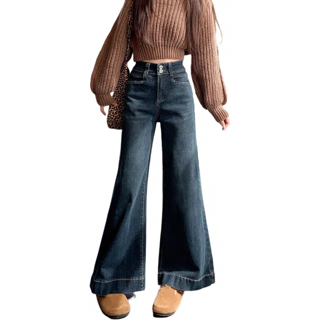 么宁 港式复古高腰宽松微喇叭裤阔腿裤长裤子牛仔裤 女款