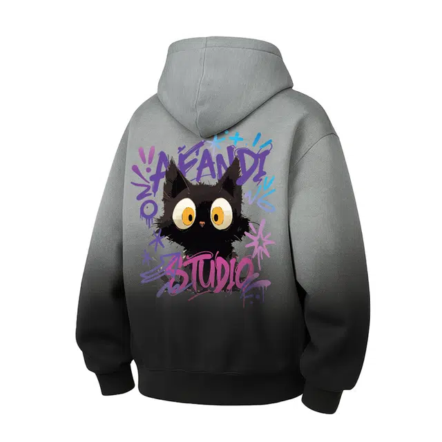 阿凡迪 美式高街创意品牌呆萌小猫图案艺术涂鸦字母印花简约基础款渐变连帽休闲日常无性别主义经典百搭落肩舒适氛围感长袖卫衣 男女同款