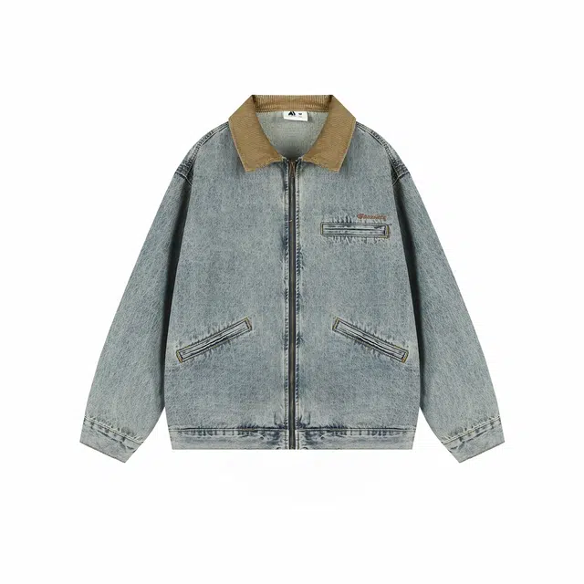 港仔文艺男 灯芯绒翻领工装美式复古水洗做旧拼接口袋设计感上衣休闲宽松百搭潮流牛仔外套 男女同款