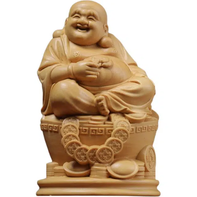 得笙陌 坐元宝弥勒笑口常开佛像招财进宝家居装饰文玩笑佛#好运 黄杨木 木作摆件 男女同款情侣款